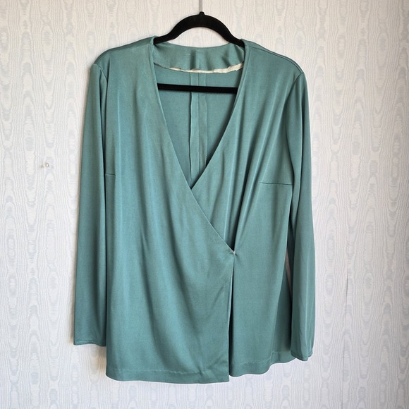 Handmade Tops - Vtg 70s Wrap Top L/XL Handmade Stretch Satin Long Sleeve Forest Green Holiday